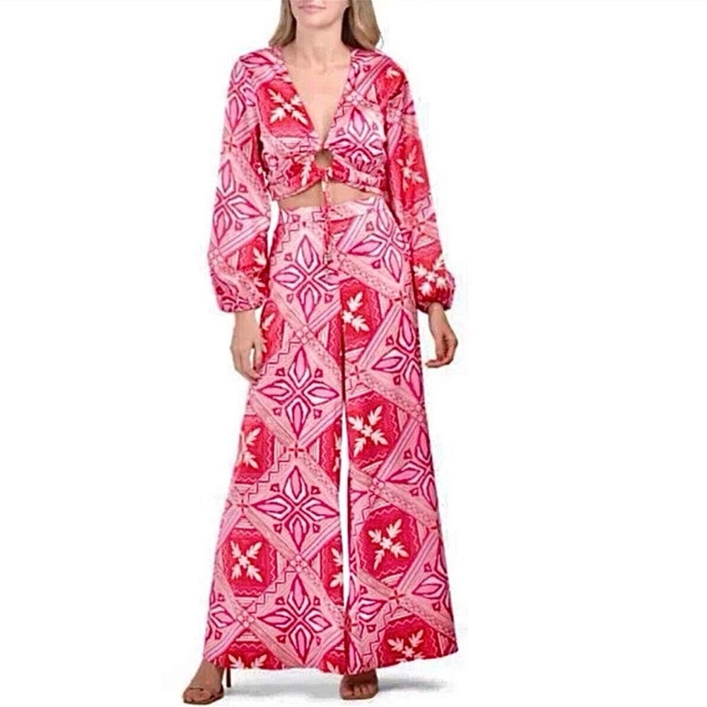 Caroline Constas 2 Piece Pant Set Pink Silky Cropped Top And Wide Leg Size Small